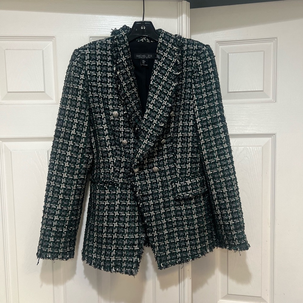 Rachel Zoe Fringe Tweed Blazer Jacket‎ Tartan Plaid Academia Office Green Small